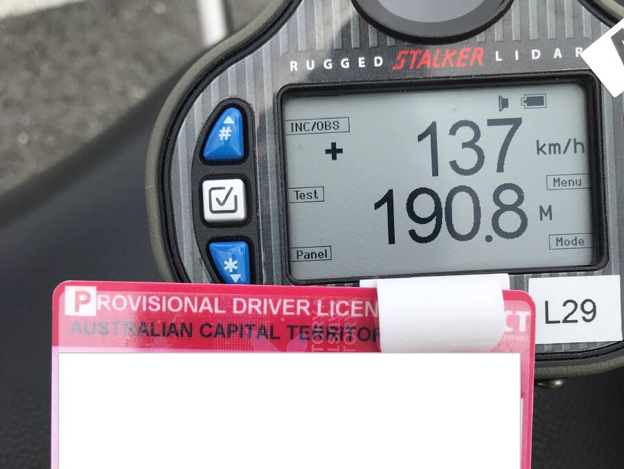 The P-plater has lost her licence for three months. Picture: ACT Policing