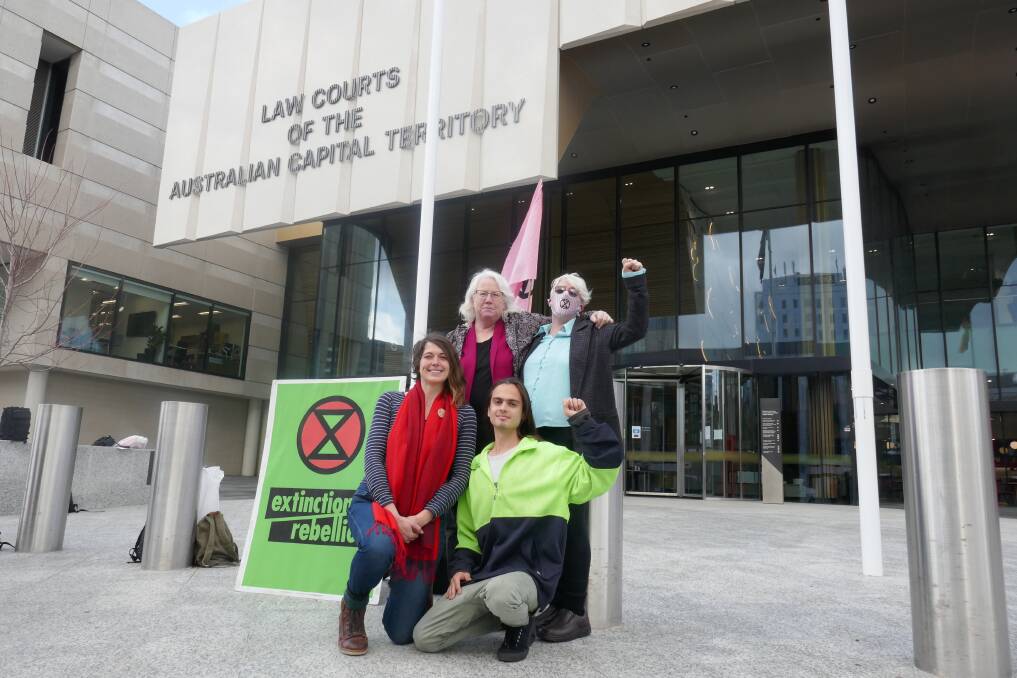 The four Extinction Rebellion members who faced court on Tuesday. Lesley Michelle Mosbey, Sarah 'Daisy' Edwards, Deanna 'Violet' Maree Coco and Eric Serge Herbert. Picture: Toby Vue
