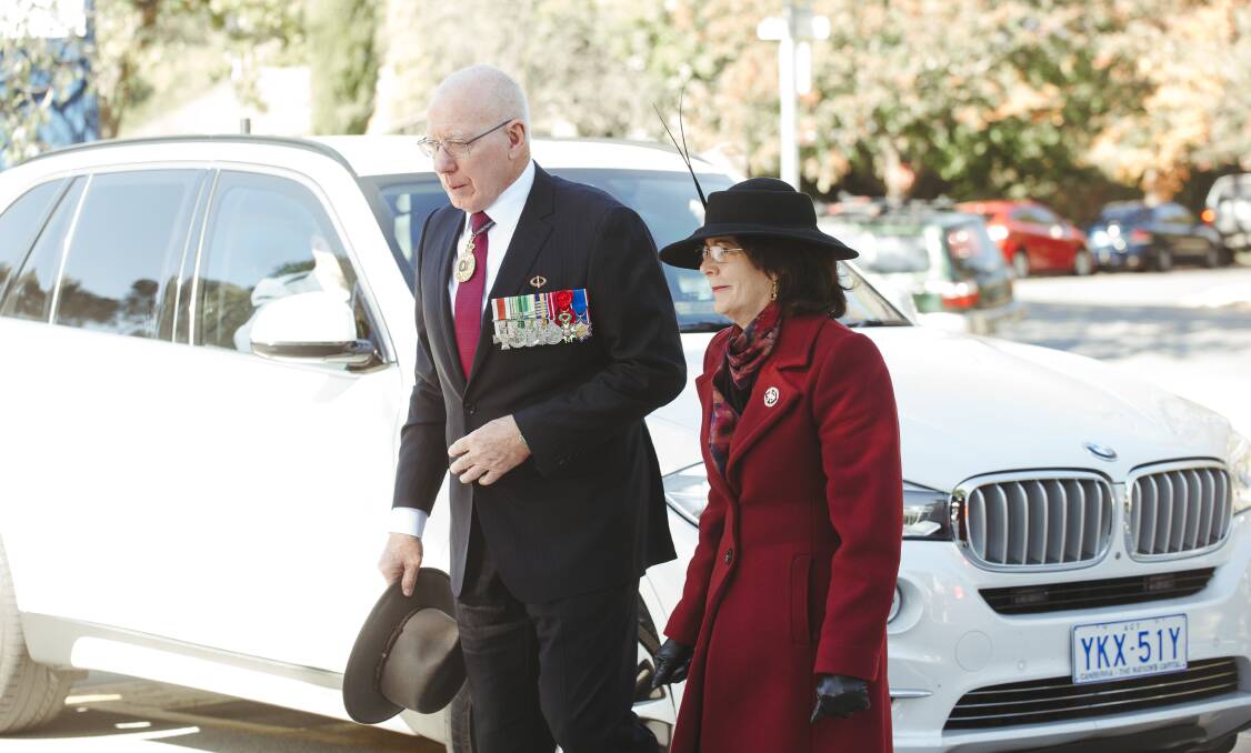 Australia's Govenor-General David Hurley and Linda Hurley arrive at RSL LifeCare's Field of Remembrance and Anzac Service at Sir Leslie Moreshead Manor in Lyneham. Picture: Dion Georgopoulos