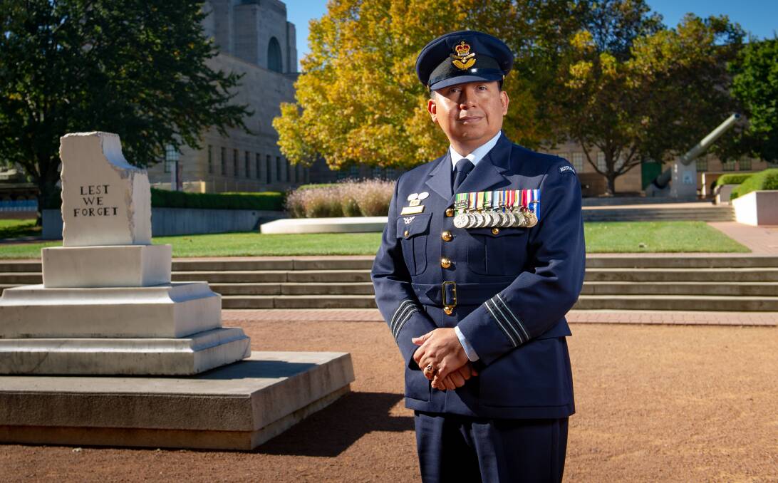 Air Force's Wing Commander Ivan Benitez-Aguirre, pictured at the Australian War Memorial, marks 25 years of his service in 2021. Picture: Elesa Kurtz