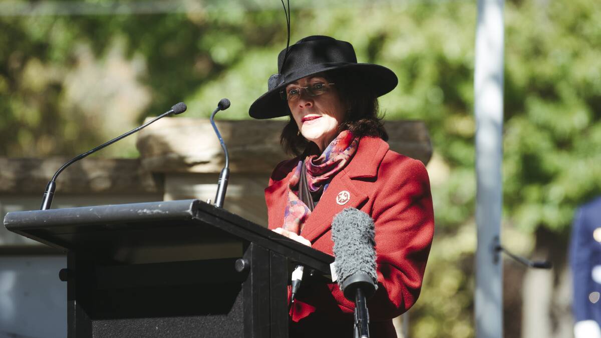 Linda Hurley speaking at the RSL LifeCare Field of Remembrance and Anzac Service at Sir Leslie Moreshead Manor in Lyneham. Picture: Dion Georgopoulos