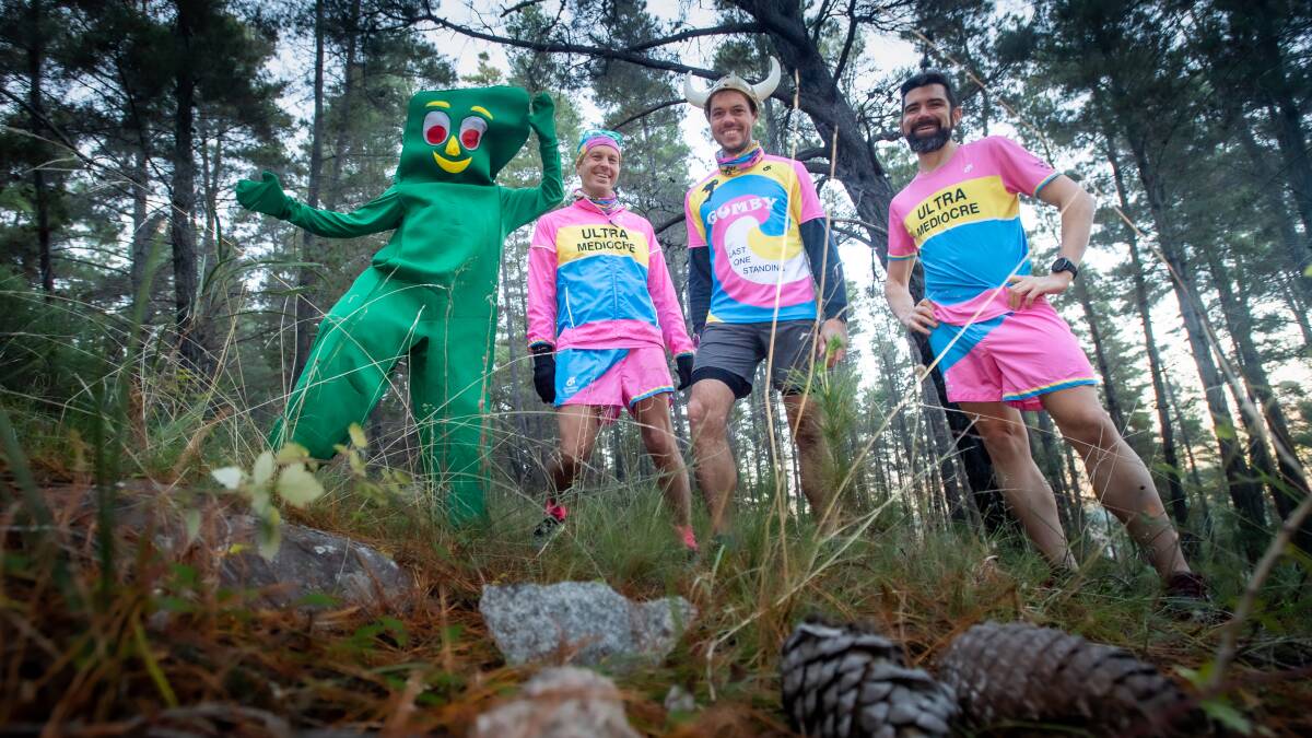 Ultra Mediocre Runners of Canberra Club hosted its inaugural Great Ultra Mediocre Back Yarder (GUMBY) at the Blue Range Hut in April. From left: Ultra Mediocre Club president and GUMBY second place finisher Matthew Griggs, GUMBY first place finisher Chris Wilder and organiser Elliot Cooper. Picture: Karleen Minney