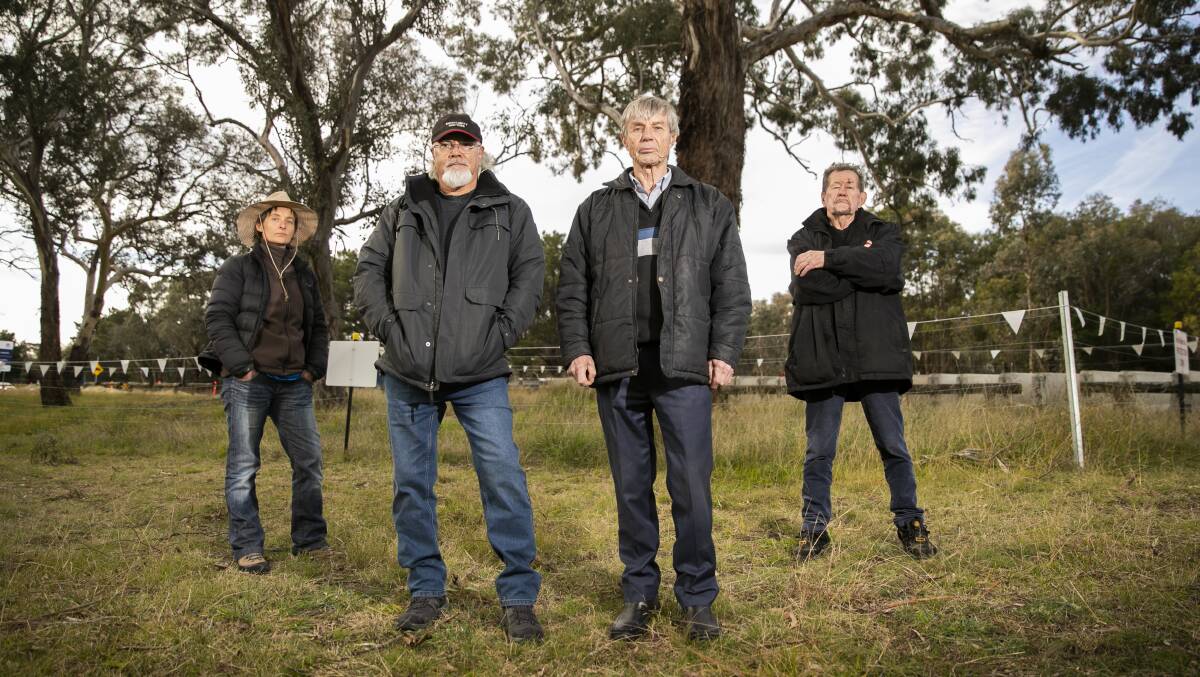 Current works on a section of the Barton Highway upgrade are paused as Indigenous leaders and environmental advocates voice concerns. Yass Area Network's Sonya Duus, Ngunnawal Elder Wally Bell, Ginninderra Catchment Group's John Connelly and Hall resident Bob Richardson. Picture: Keegan Carroll
