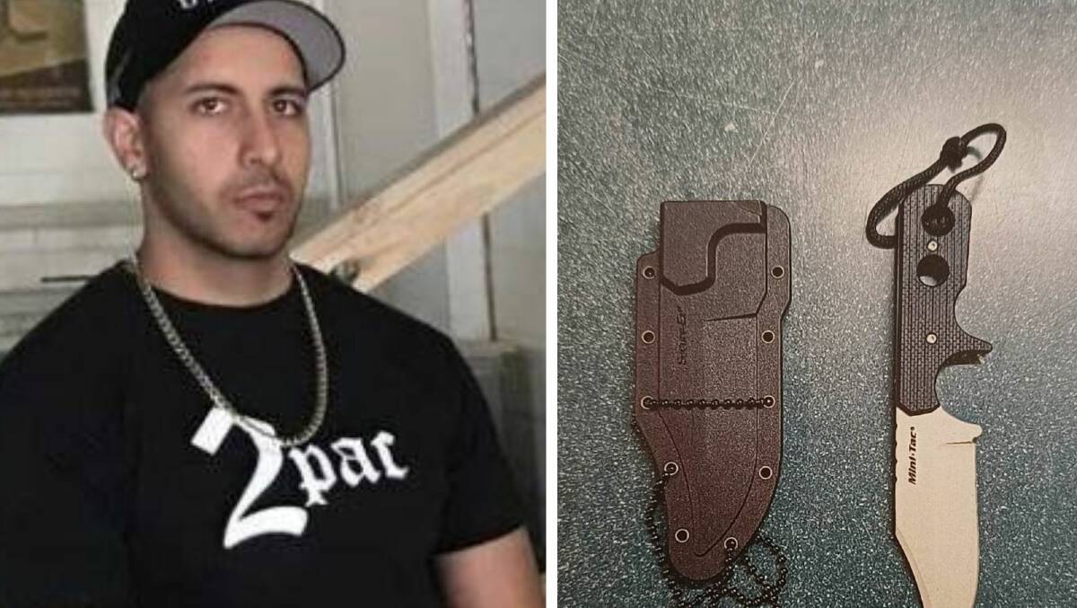Comanchero Axel Sidaros and the knife he allegedly possessed. Pictures supplied
