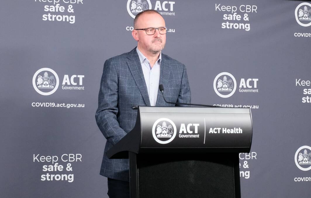 Chief Minister Andrew Barr addresses the media on Saturday about the ACT government's response to the worsening Covid outbreak in NSW. Picture: Toby Vue