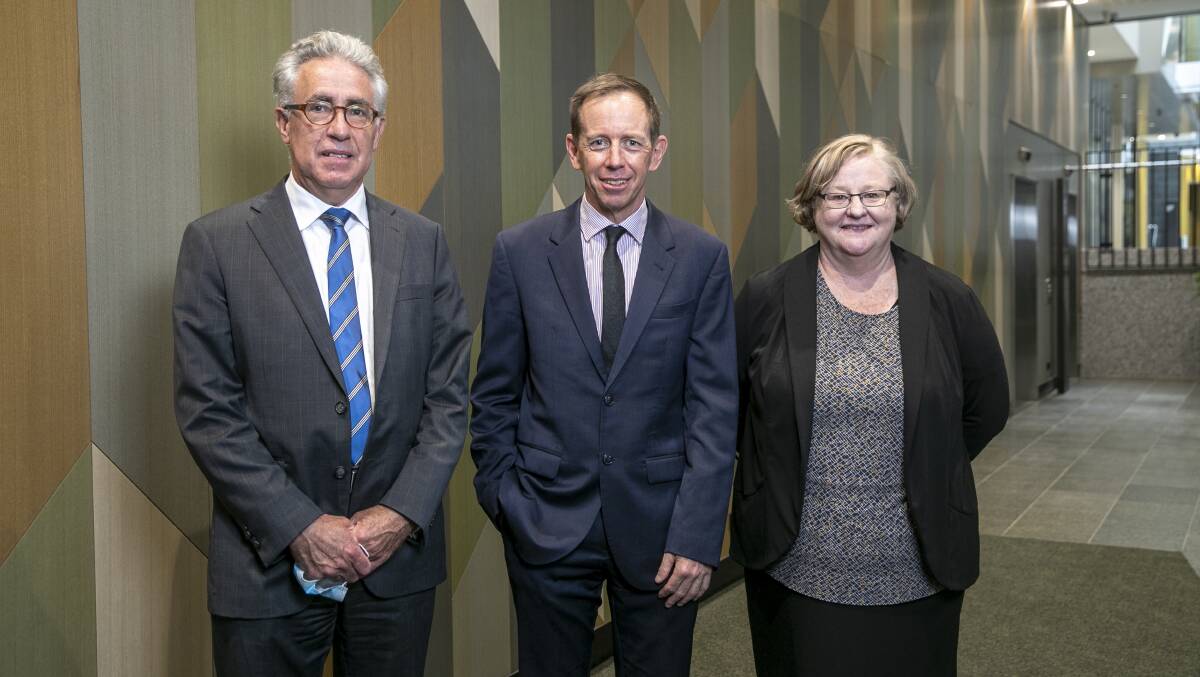 Attorney-General Shane Rattenbury with the first dedicated ACT coroner Ken Archer and newly appointed magistrate Jane Campbell. Picture: Keegan Carroll
