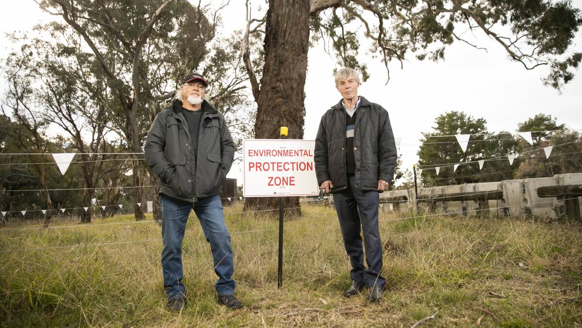 Ngunnawal elder Wally Bell and Ginninderra Catchment Group's John Connelly next to one of the cultural ring trees on the Barton Highway near Hall. Picture: Keegan Carroll