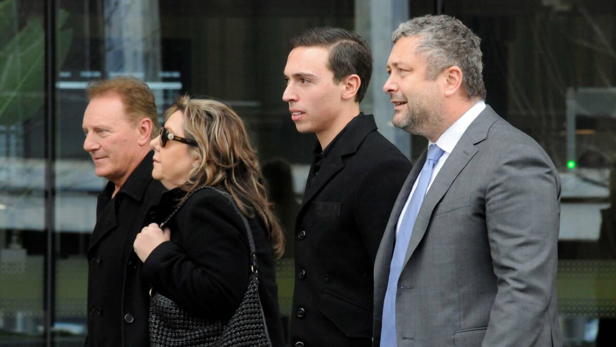 Former Socceroo Sebastian Giampaolo, left, and nephew Dominic Giampaolo, second from right, leave court after a previous hearing. Picture: Blake Foden