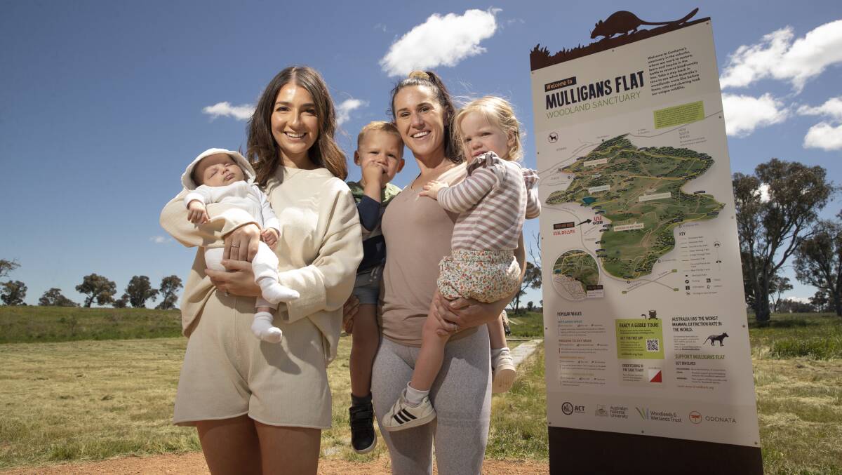 Mum Alex Tyson, right, with twins Sam and Sienna, 2, and Tayla Petersen with baby Mila enjoying Wildbark, Canberra's newest nature-based nature reserve and learning centre at Mulligans Flat Woodland Sanctuary. Picture by Keegan Carroll
