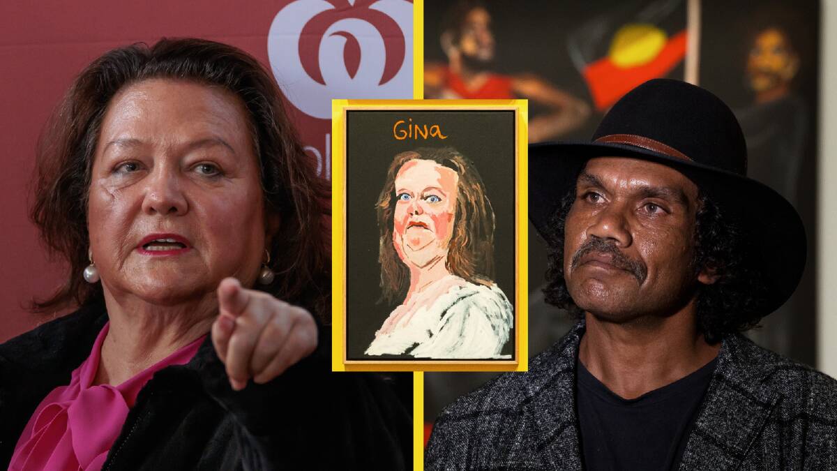 Gina Rinehart (left) has been accused of lobbying the National Gallery of Australia to remove a portrait of her (inset) by Vincent Namatjira. Pictures by AAP, Sitthixay Ditthavong