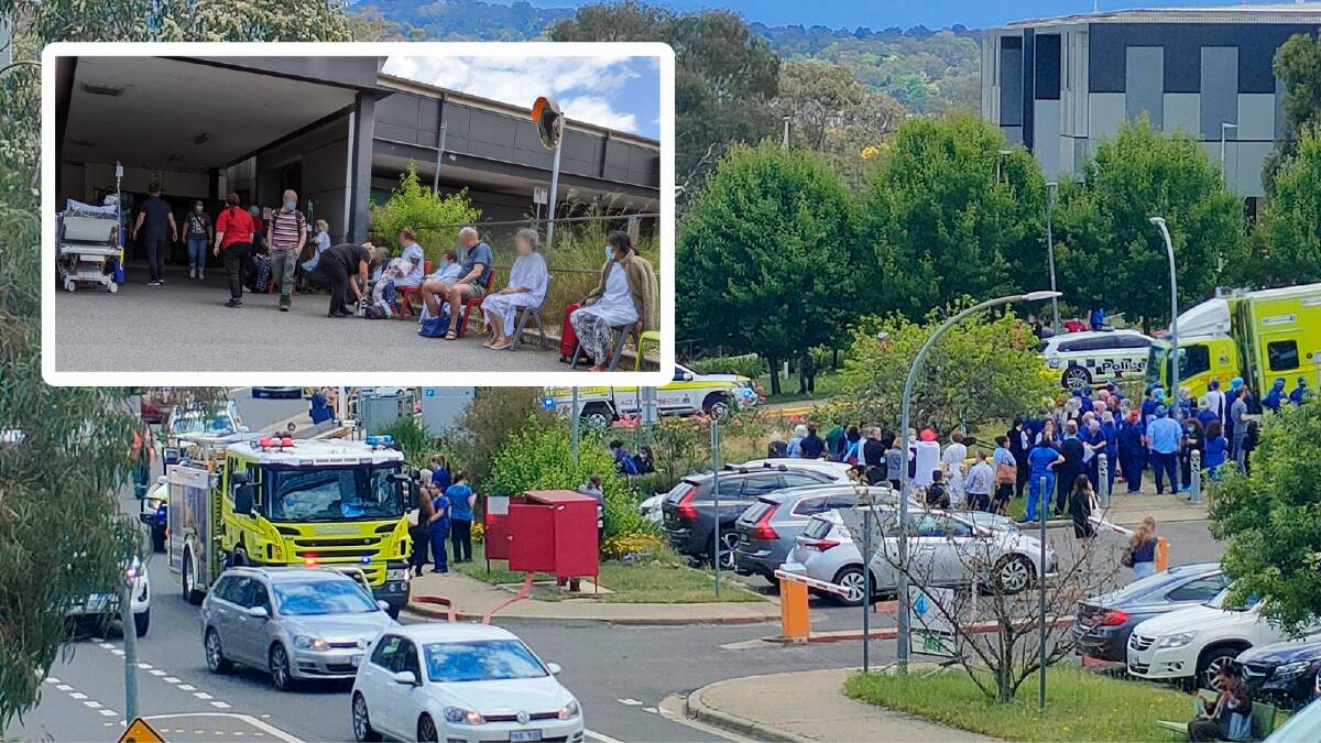 Calvary Hospital was on fire at midday Tuesday, forcing evacuated patients to wait outside. Picture by Regina Procter, inset supplied