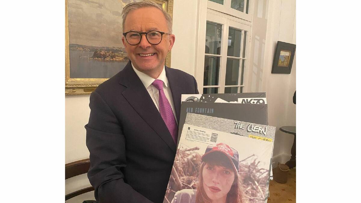 Australian Prime Minister Anthony Albanese received vinyl records as a gift from the New Zealand prime minister. Picture: Jacinda Ardern Facebook