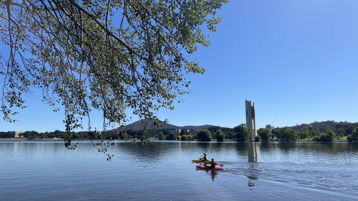 Kayakers enjoy the sunshine on Lake Burley Griffin on Tuesday. Picture by Sitthixay Ditthavong