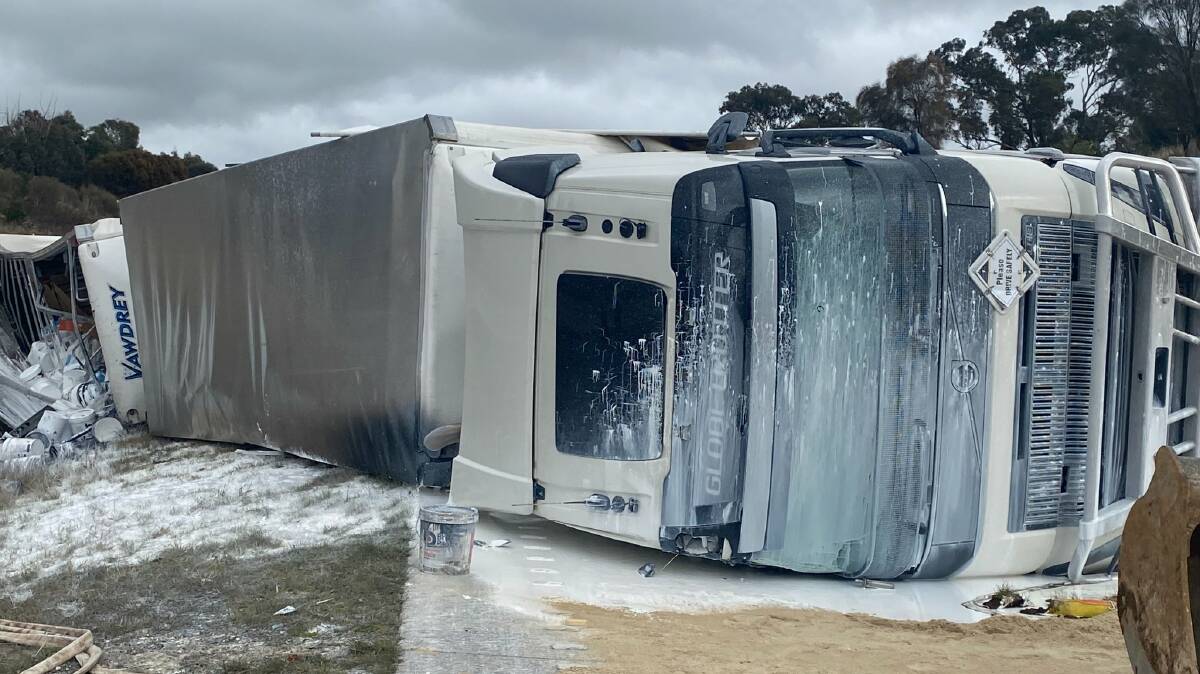 A truck rolled over on July 20 in Yass. Picture: Hume Police District