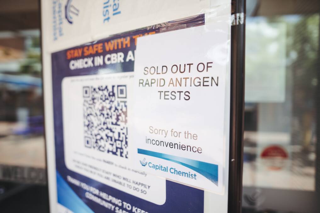 A sign for sold-out rapid antigen tests at Capital Chemists at Dickson. Picture: Dion Georgopoulos
