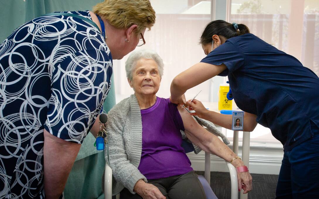 Resident at St Andrews Village, Moira Green, gets COVID 19 vaccination. Picture: Elesa Kurtz
