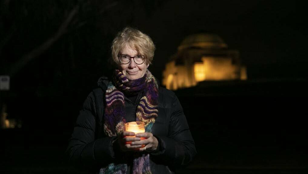 Jane Aitken joined about 100 people at the Australian War Memorial to protest expansion in June. Picture: Keegan Carroll
