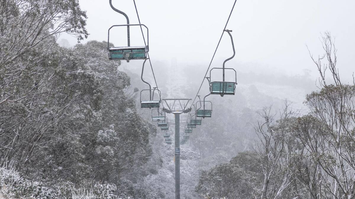 Some empty chairs grace the skies above snowy hills at Thredbo on Wednesday morning. Picture: Supplied