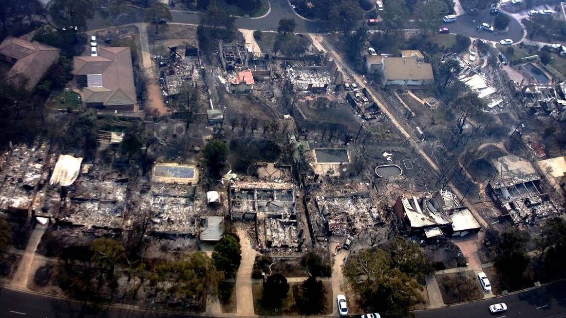 Aerial photo shows the devastation from the fires in The Canberra suburb of Duffy. Picture by Pat Scala