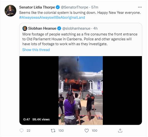 A screenshot of Senator Thorpe's controversial tweet. 