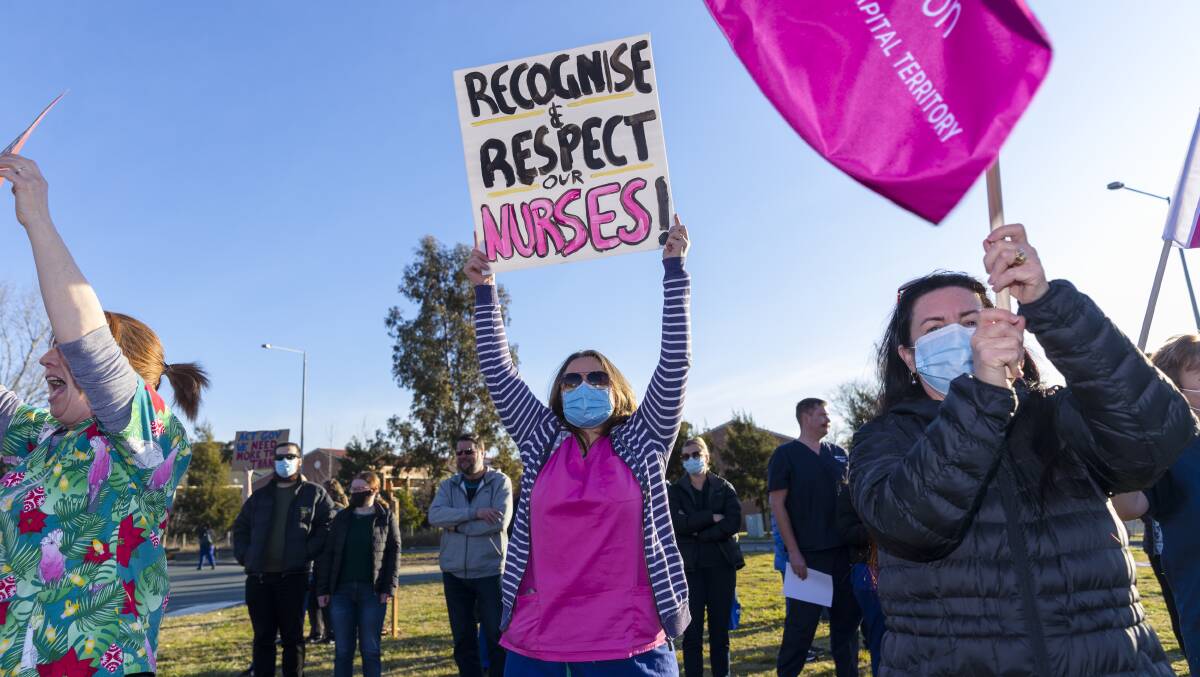 Canberra Nurses hold a rally outside Canberra Hospital. Picture by Keegan Carroll