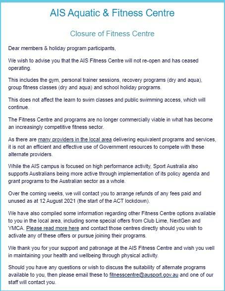 An email sent to AIS Fitness Centre members. Picture: Supplied