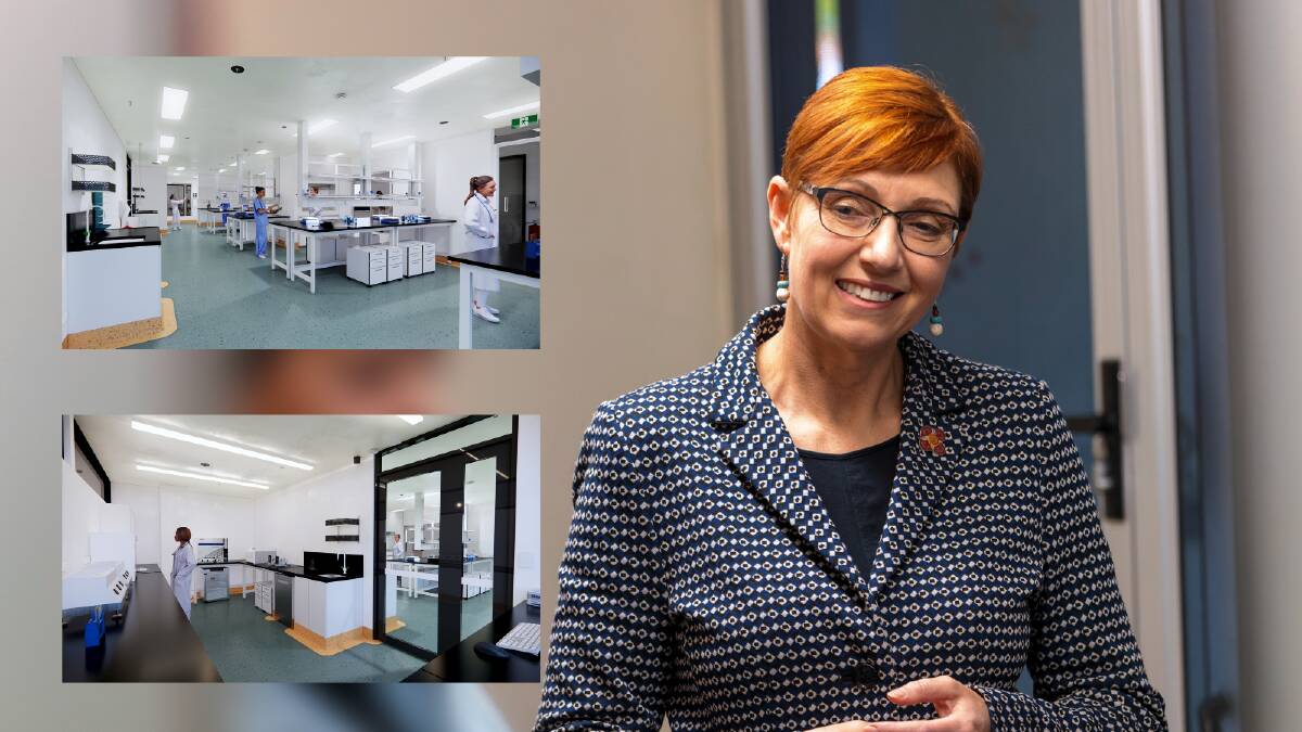 Health Minister Rachel Stephen-Smith (main) and drawings of the new cancer research centre (inset). Picture by Keegan Carroll, insets supplied