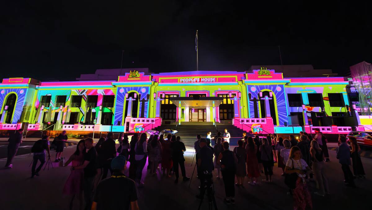 Artwork by James Hillier aka Nordacious projected onto the Museum of Australian Democracy. Picture by Sitthixay Ditthavong