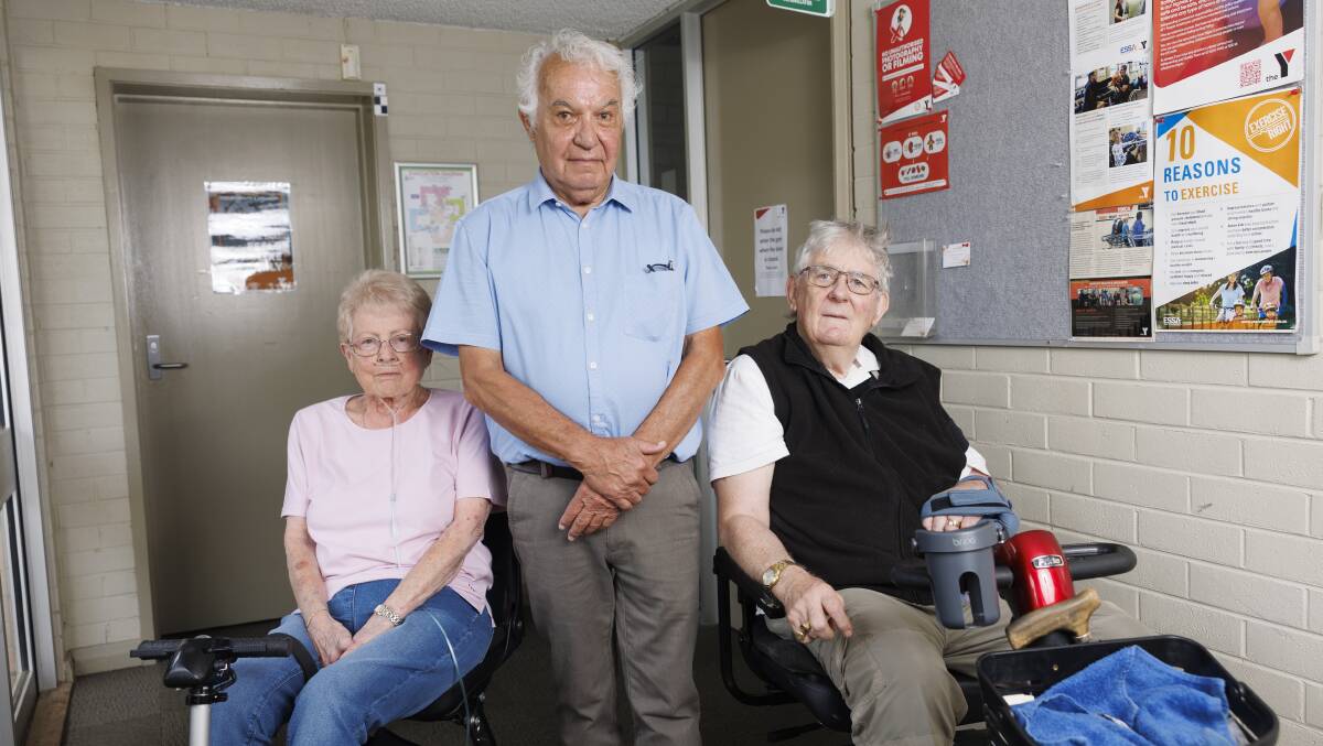 Pam Harris, 75, of Weston Creek; Albert Oberdorf, 80, Woden; and Chris Welburn, 76, of Deakin. They are devastated at the closure of the Y (YMCA) Chifley Health and Wellness centre. Picture by Keegan Carroll