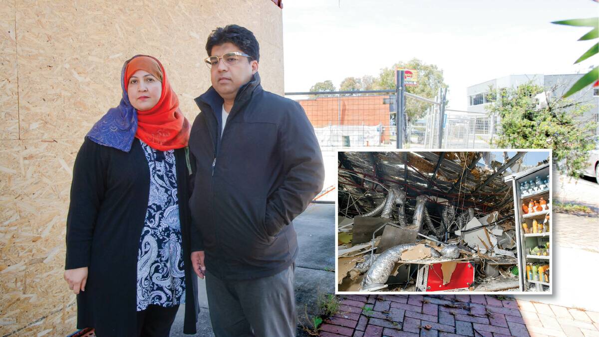 Sumaira and Mohammed Ikram's (main) business Jazaa Halal Foods (inset), was destroyed by the fire. Picture by Elesa Kurtz, inset by Keegan Carroll