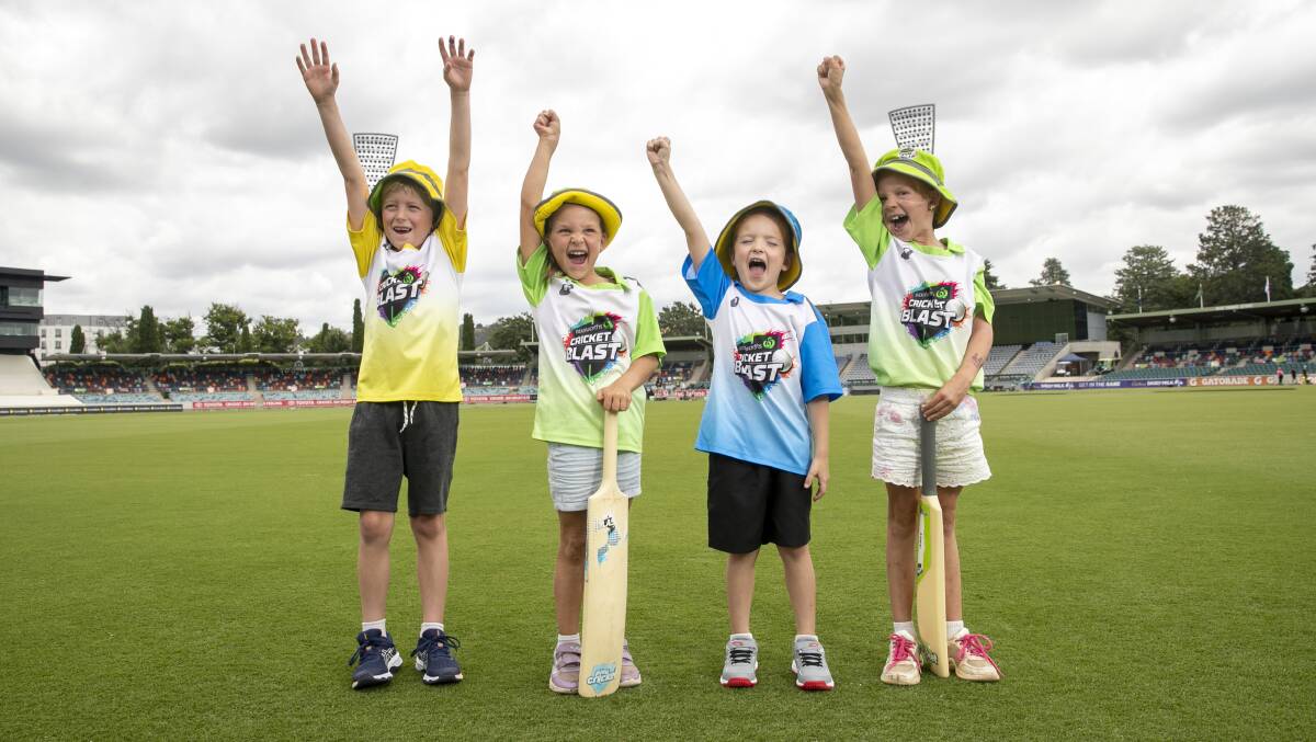 Woolworths Cricket Blasters Finnegan Harding, 7, Sidney Cleary, 6, Max Harding, 5, and Lucy Cleary, 7, will play in the break of the Ashes match. Picture: Keegan Carroll