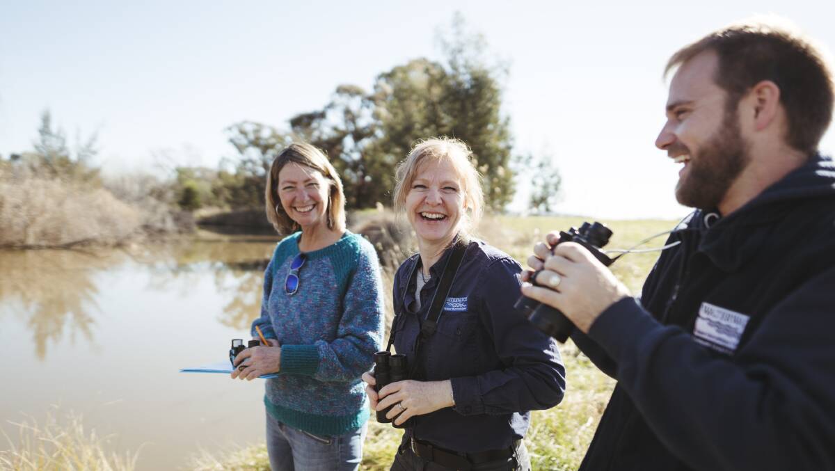 Volunteer Catherine Czerw, Waterwatch regional facilitator Woo O'Reilly and coordinator Jed Pearson want to record platypus numbers across the ACT. Picture: Dion Georgopoulos 