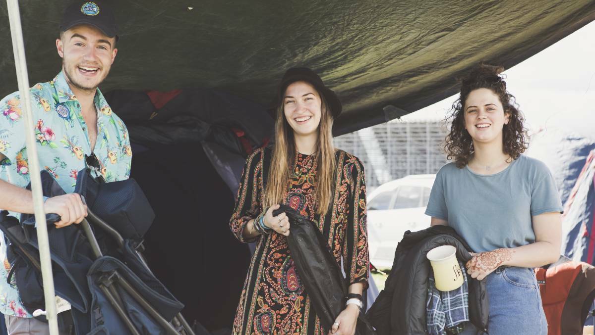 Dean Arvonen, 22, Hannah Van Boxsel, 21, and Emma Lormier, 21, at Canberra's 2019 National Folk Festival. Picture: Jamila Toderas 