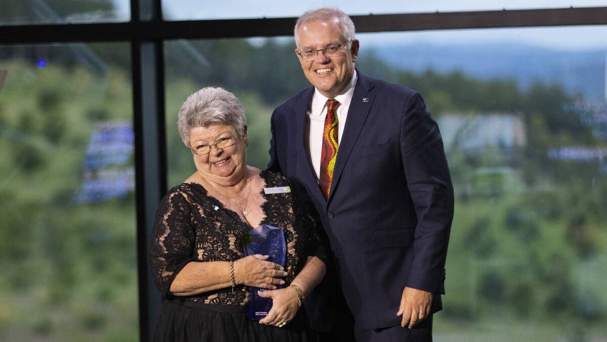 Senior Australian of the Year 2022 Val Dempsey with Prime Minister Scott Morrison. Picture: Keegan Carroll