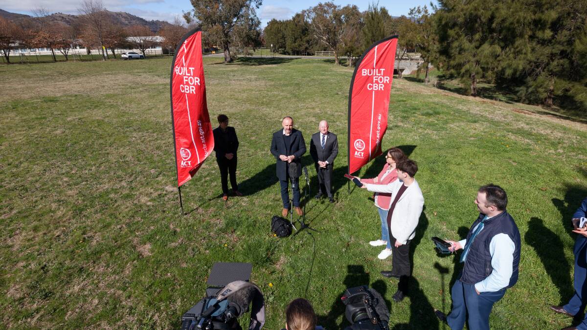 Health Minister Rachel Stephen-Smith, Chief Minister Andrew Barr, and planning Minister Mick Gentleman announce the new site in Conder for the South Tuggeranong health centre. Picture by Sitthixay Ditthavong
