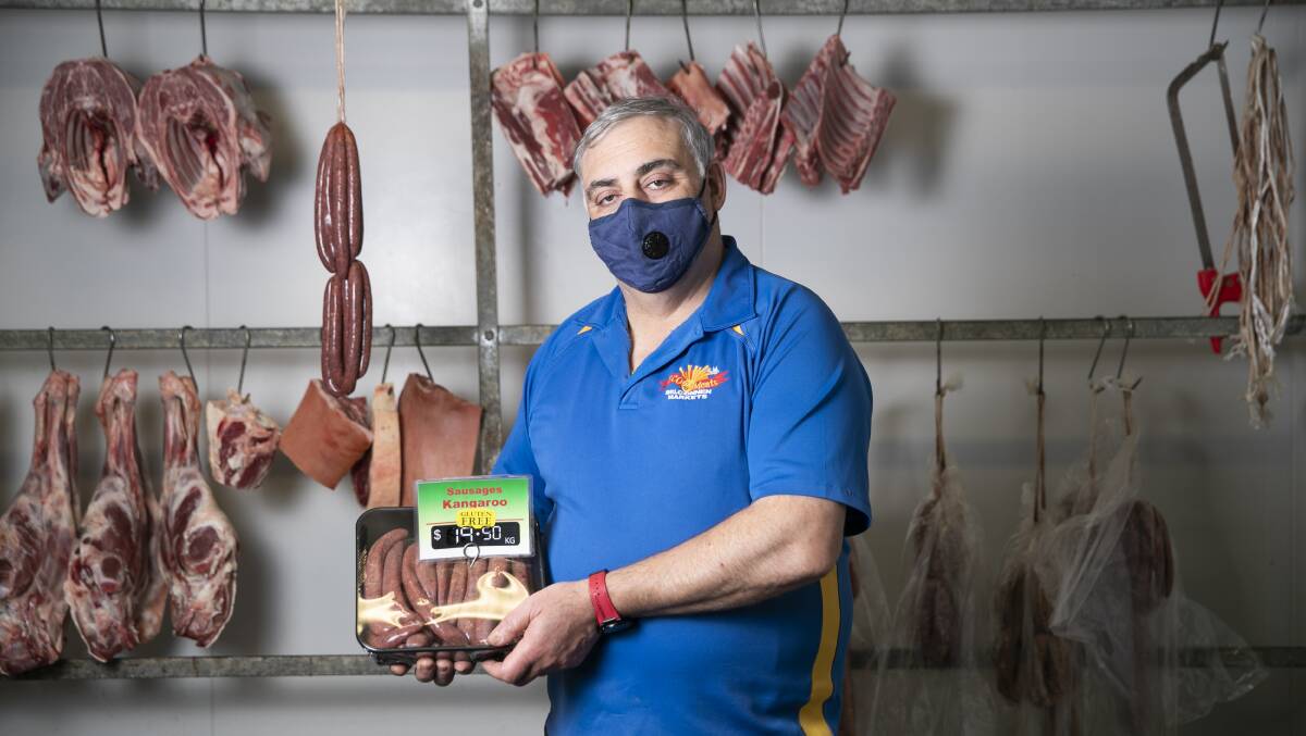 Canberra Butcher Gino D'Ambrosio proudly sells game meats, including kangaroo. Picture: Keegan Carroll