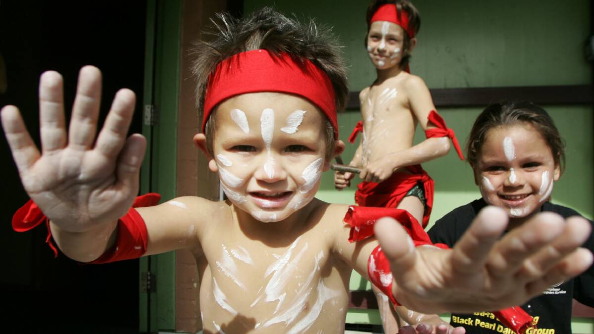 Blake Green, 3, Tyrin Gay, 10 and Tahleah Ralph, 4 at the Awabakal Child Care centre in Wickham. Picture by Natalie Grono