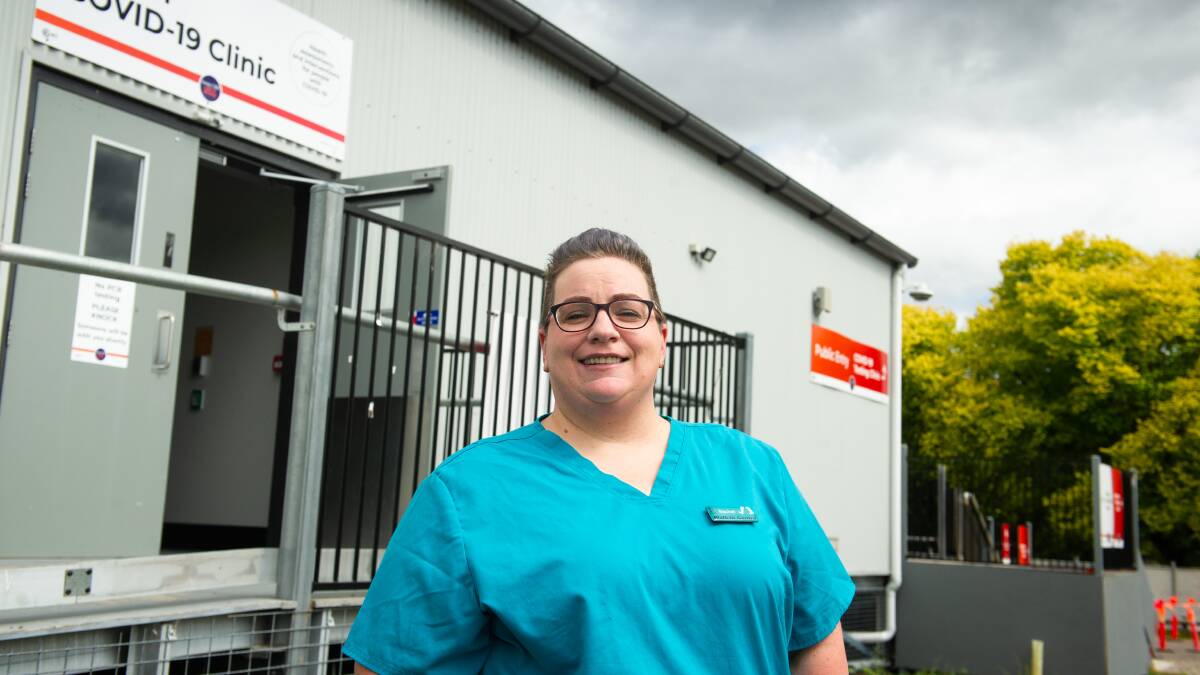 Advanced practice nurse Rachel Backhouse at Walk-in COVID centre at Garran Surge Centre. Picture: Elesa Kurtz