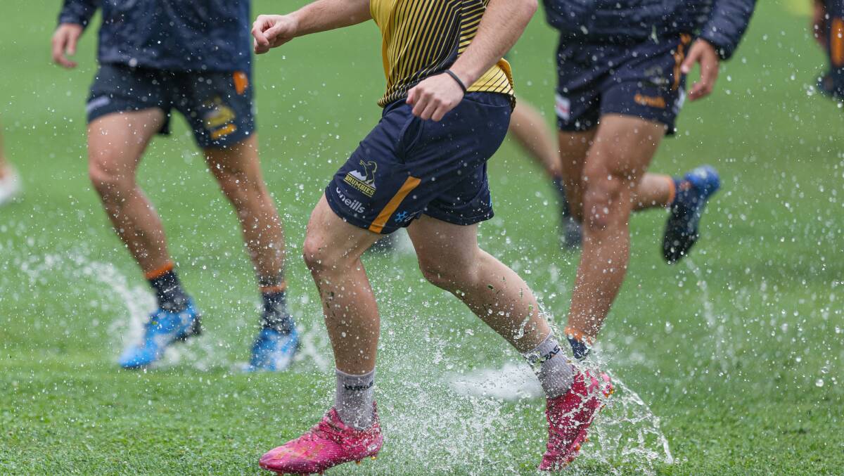 Brumbies train in the rain at Griffith Oval on Tuesday. Picture by Sitthixay Ditthavong