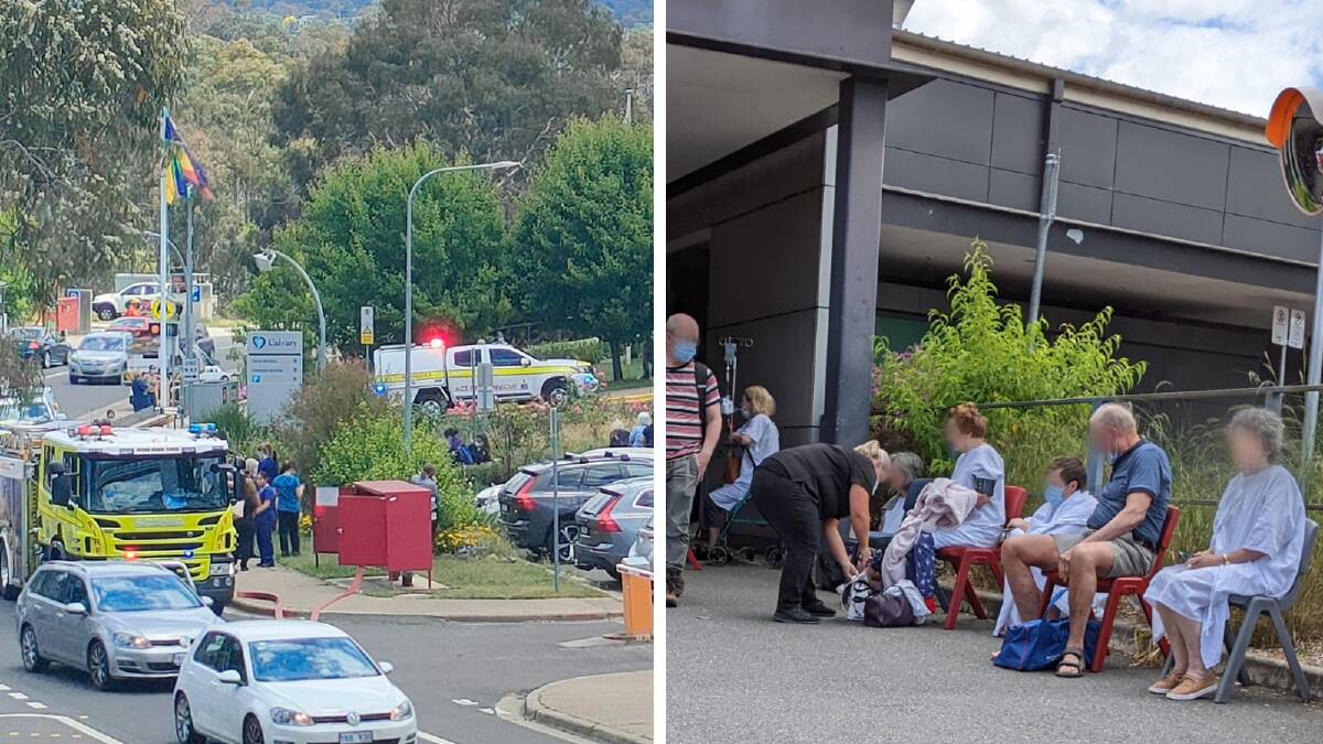 Calvary Hospital was on fire at midday Tuesday, forcing evacuated patients to wait outside. Pictures by Regina Procter, supplied