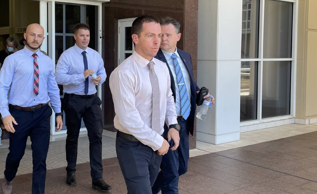 Zachary Rolfe leaves the Darwin Supreme Court with his supporters. Picture: Sarah Matthews