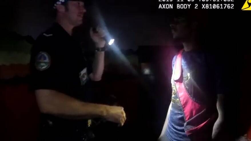 BODY-WORN: Officers Eberl approaches Mr Walker on the night of the shooting. 