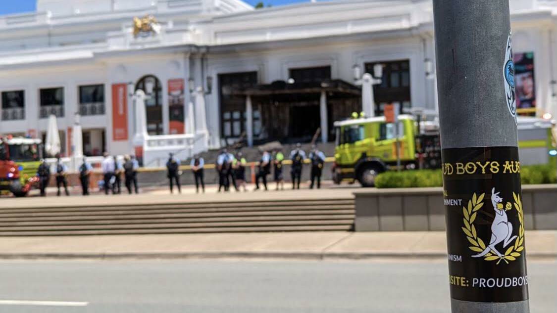 A Proud Boys sticker placed near the scene of the Old Parliament House fire. Picture: Supplied