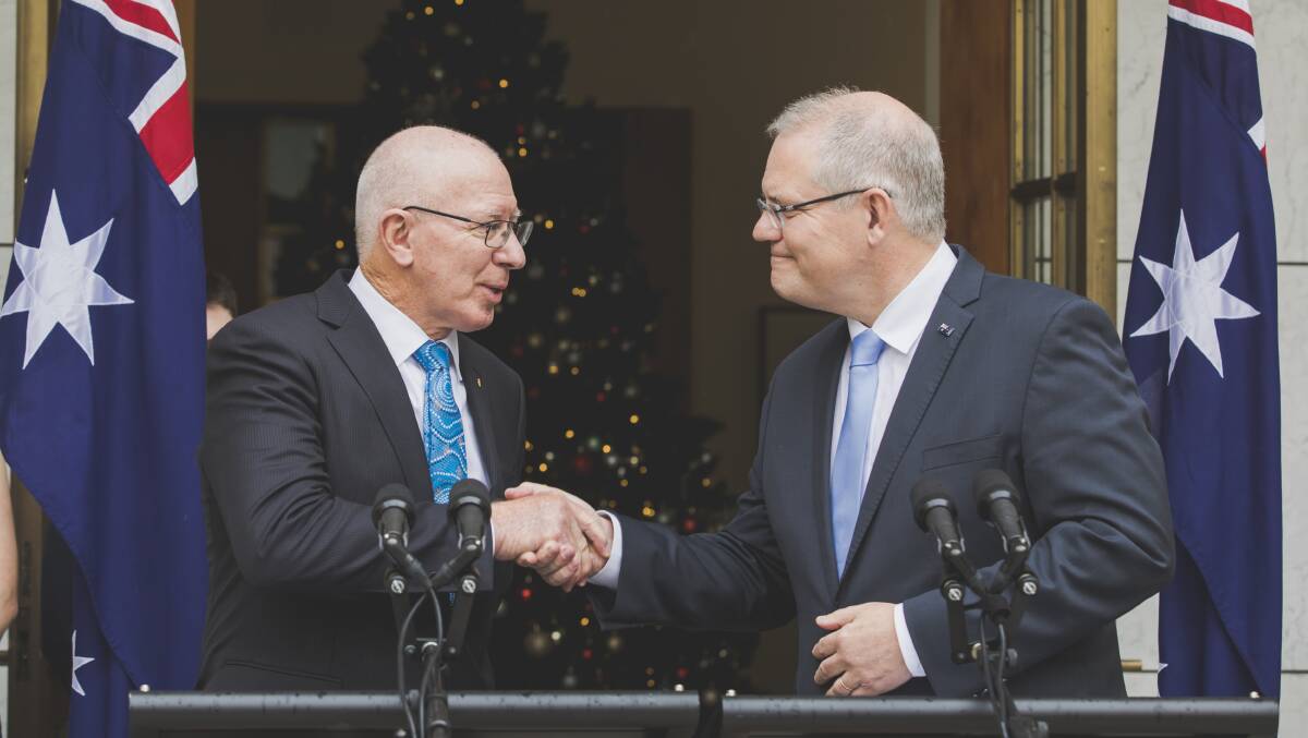 Governor-General David Hurley with Scott Morrison. Picture: Jamila Toderas
