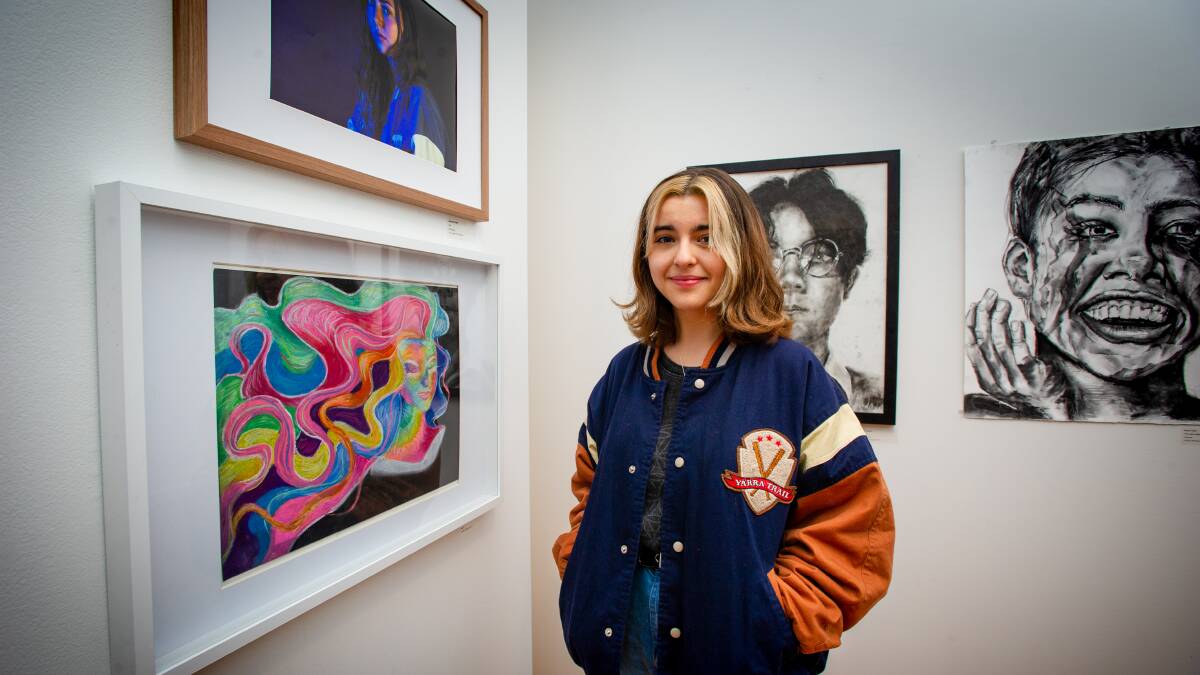 Year 11 Hawker College student, Sidita Douglas, with her artwork titled Wishful Colour at the Step into the Limelight art exhibition launch at M16 Artspace.
Picture: Elesa Kurtz 