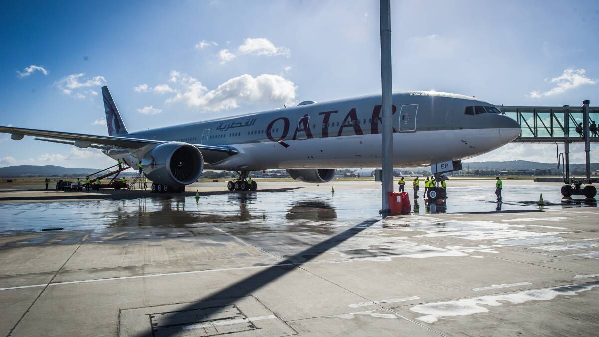 A Qatar Airways plane at Canberra international airport. Photo by Karleen Minney.