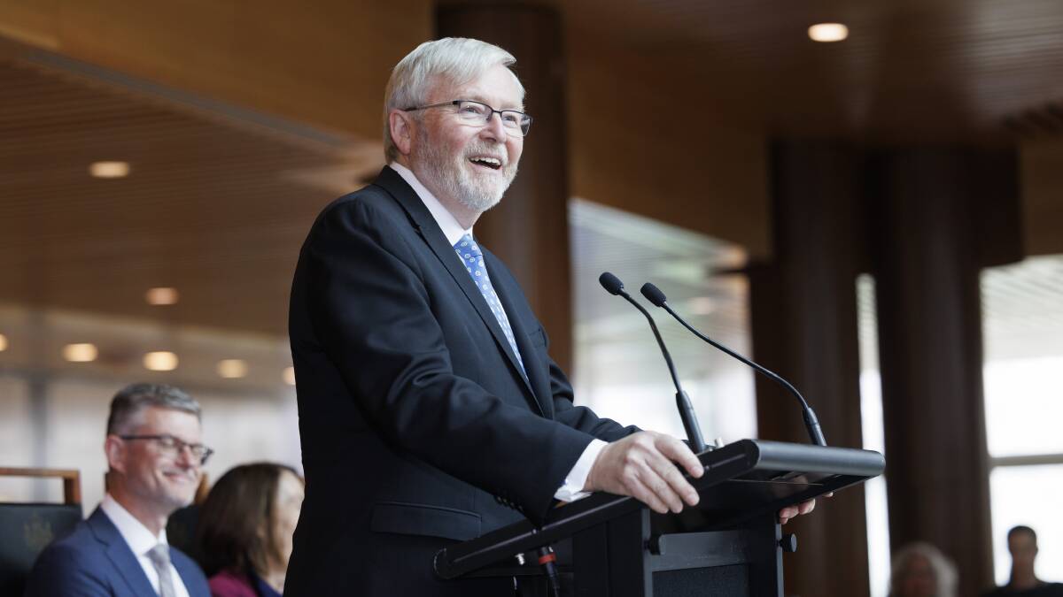 Former prime minister Kevin Rudd speaks at the unveiling of his official portrait. Picture by Keegan Carroll