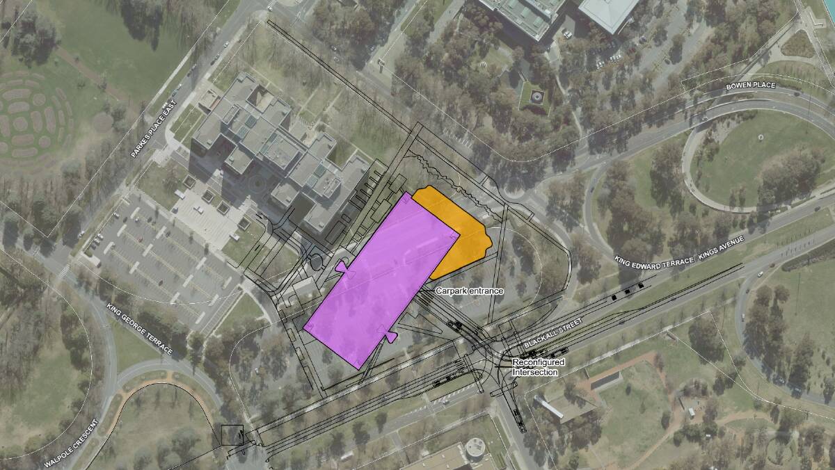 The building footprint in pink, with open space for the childcare centre shown in orange. Picture supplied
