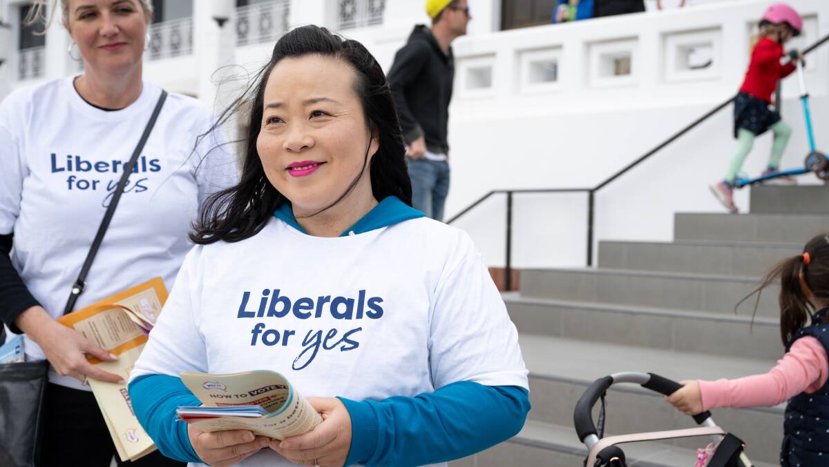 ACT Leader of the Opposition Elizabeth Lee handed out how-to-vote cards at Old Parliament House. Picture by Elesa Kurtz