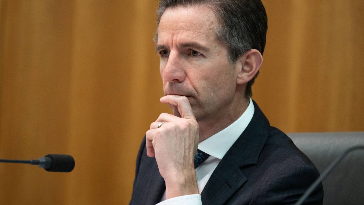 Liberal senator Simon Birmingham asked officials about their working relationship with Richard Marles. Picture by Elesa Kurtz